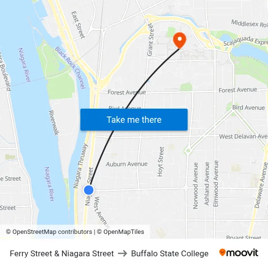 Ferry Street & Niagara Street to Buffalo State College map