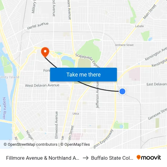 Fillmore Avenue & Northland Avenue to Buffalo State College map