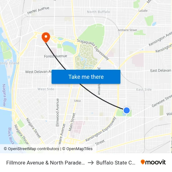 Fillmore Avenue & North Parade Avenue to Buffalo State College map