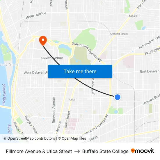 Fillmore Avenue & Utica Street to Buffalo State College map