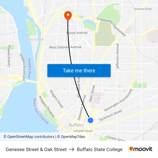 Genesee Street & Oak Street to Buffalo State College map