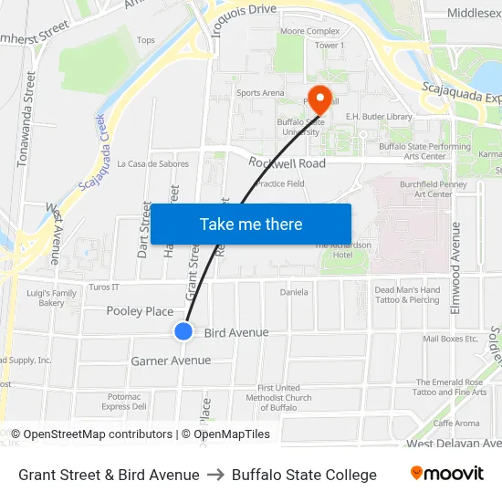 Grant Street & Bird Avenue to Buffalo State College map