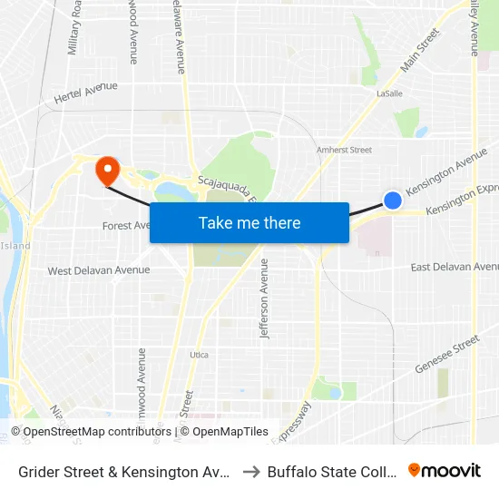 Grider Street & Kensington Avenue to Buffalo State College map