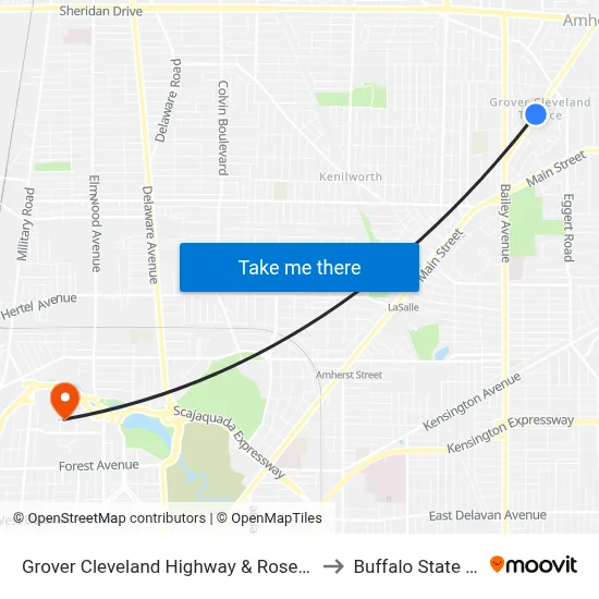 Grover Cleveland Highway & Rosedale Boulevard to Buffalo State College map
