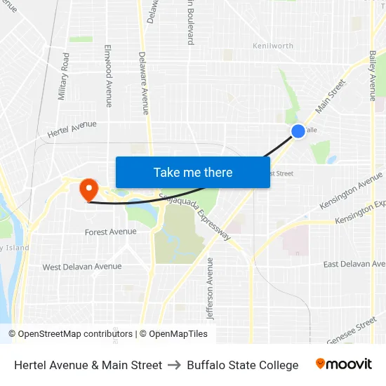 Hertel Avenue & Main Street to Buffalo State College map