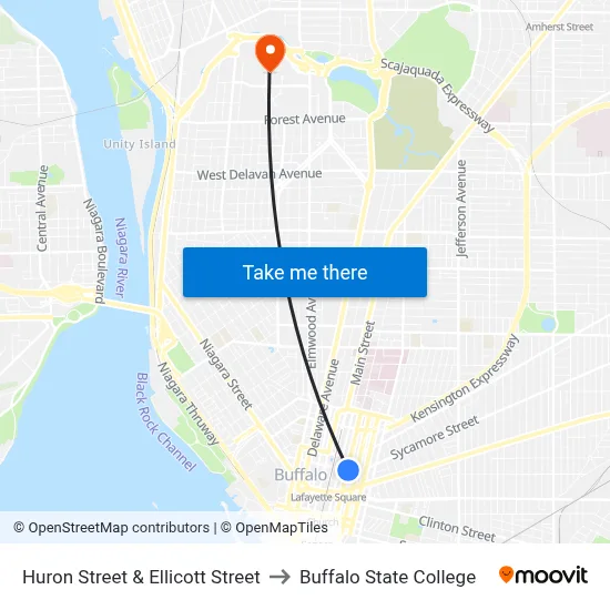 Huron Street & Ellicott Street to Buffalo State College map