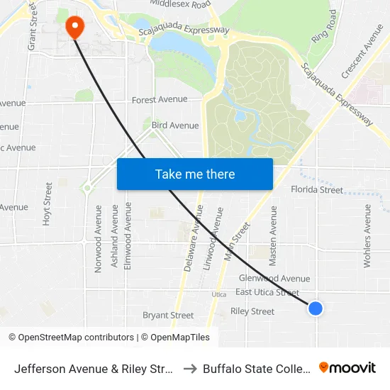 Jefferson Avenue & Riley Street to Buffalo State College map