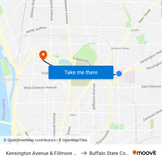 Kensington Avenue & Fillmore Avenue to Buffalo State College map