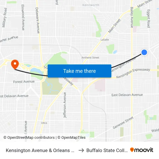 Kensington Avenue & Orleans Street to Buffalo State College map