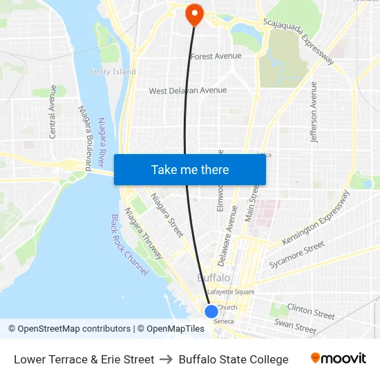 Lower Terrace & Erie Street to Buffalo State College map