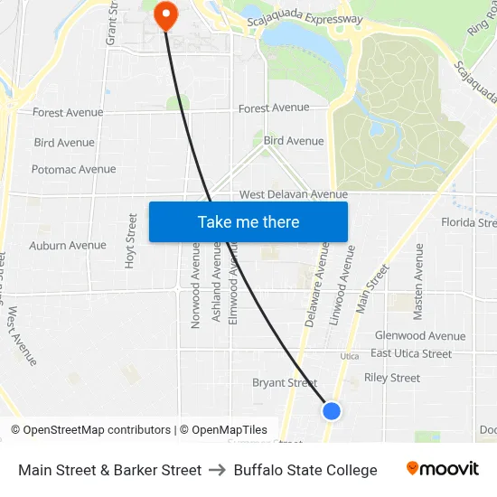 Main Street & Barker Street to Buffalo State College map