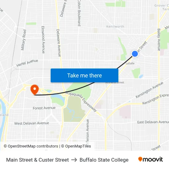 Main Street & Custer Street to Buffalo State College map