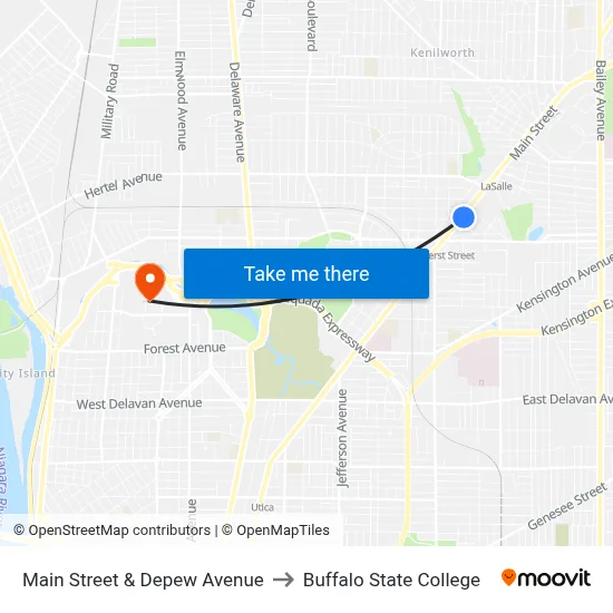 Main Street & Depew Avenue to Buffalo State College map