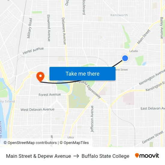 Main Street & Depew Avenue to Buffalo State College map