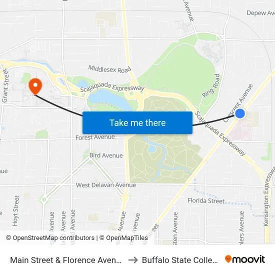 Main Street & Florence Avenue to Buffalo State College map