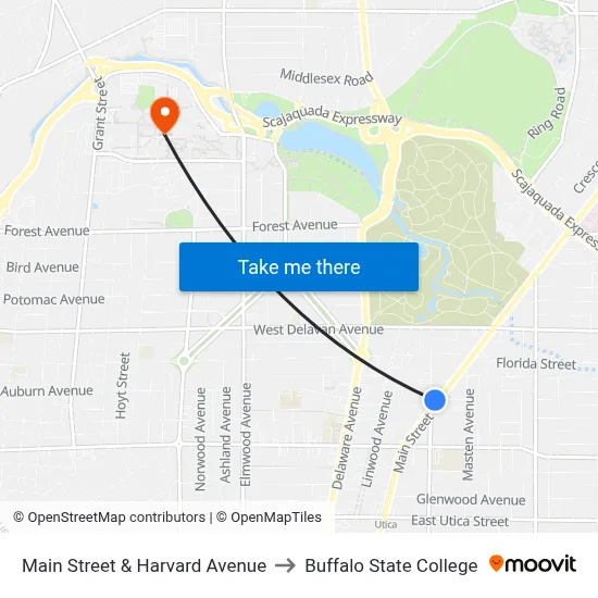 Main Street & Harvard Avenue to Buffalo State College map