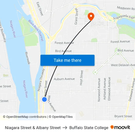 Niagara Street & Albany Street to Buffalo State College map