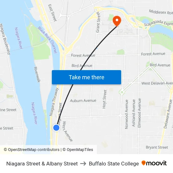 Niagara Street & Albany Street to Buffalo State College map