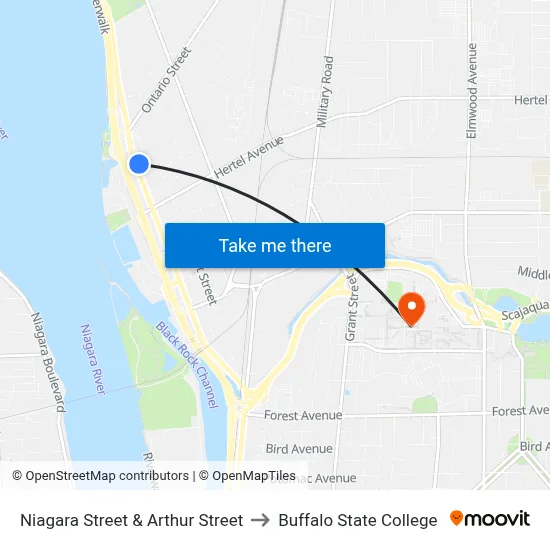 Niagara Street & Arthur Street to Buffalo State College map