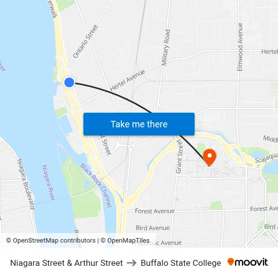 Niagara Street & Arthur Street to Buffalo State College map