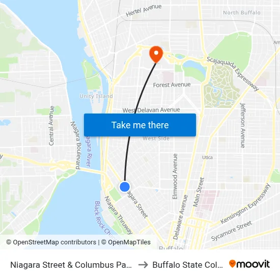 Niagara Street & Columbus Parkway to Buffalo State College map