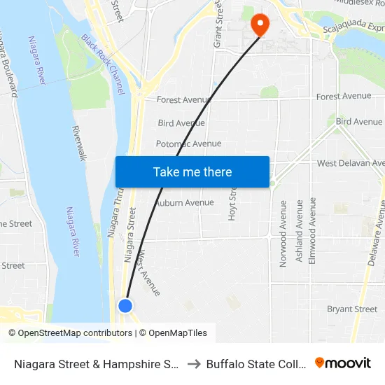 Niagara Street & Hampshire Street to Buffalo State College map