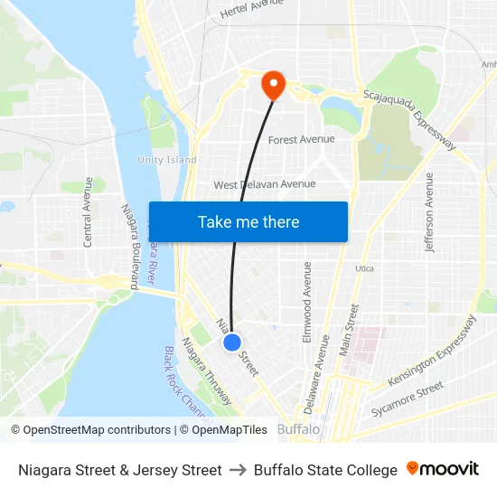 Niagara Street & Jersey Street to Buffalo State College map