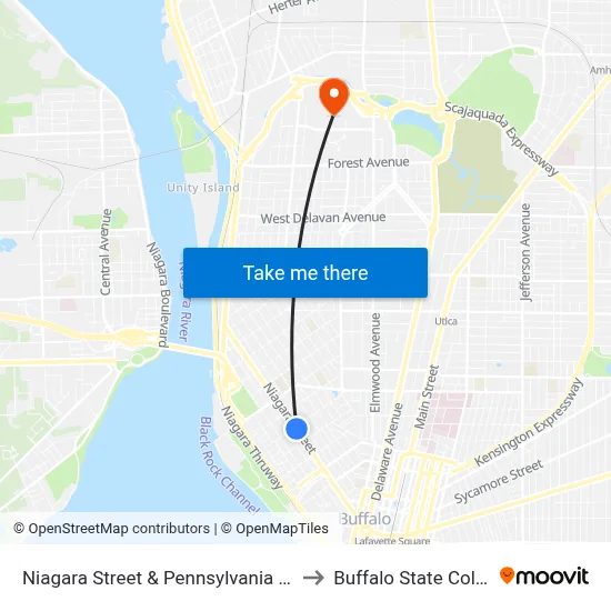 Niagara Street & Pennsylvania Street to Buffalo State College map