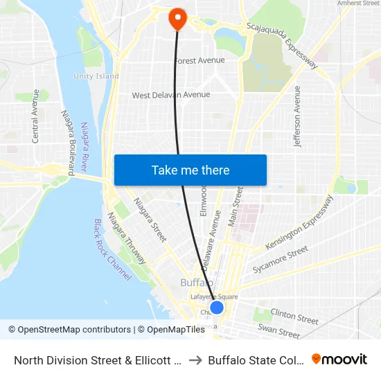 North Division Street & Ellicott Street to Buffalo State College map