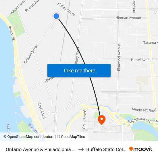 Ontario Avenue & Philadelphia Street to Buffalo State College map