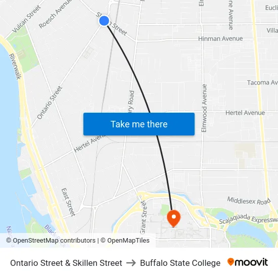Ontario Street & Skillen Street to Buffalo State College map