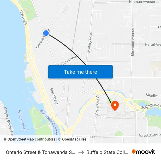 Ontario Street & Tonawanda Street to Buffalo State College map