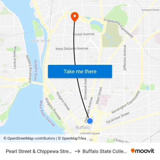 Pearl Street & Chippewa Street to Buffalo State College map