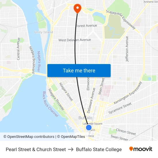 Pearl Street & Church Street to Buffalo State College map
