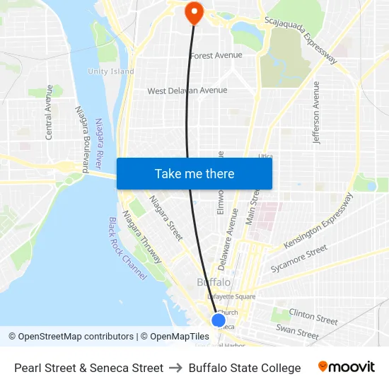 Pearl Street & Seneca Street to Buffalo State College map