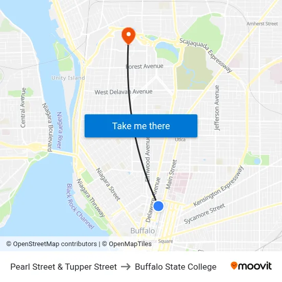 Pearl Street & Tupper Street to Buffalo State College map