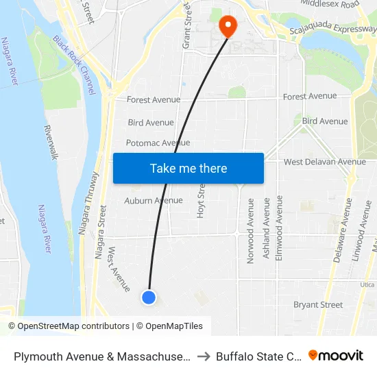 Plymouth Avenue & Massachusetts Avenue to Buffalo State College map