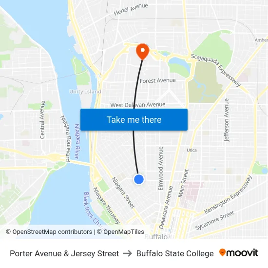 Porter Avenue & Jersey Street to Buffalo State College map