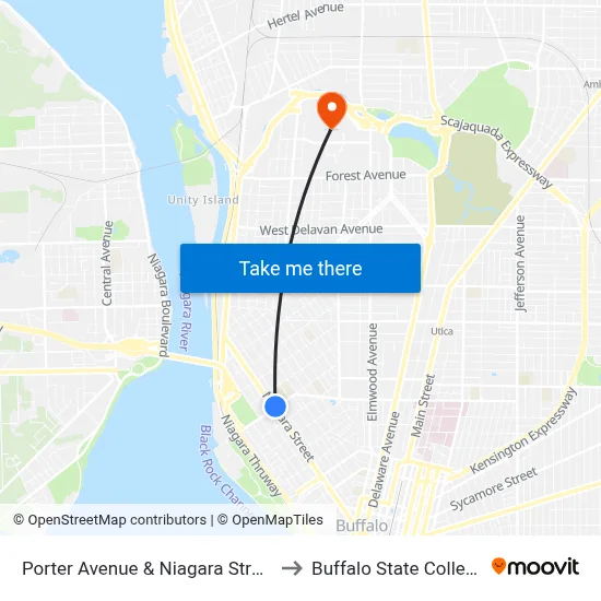 Porter Avenue & Niagara Street to Buffalo State College map