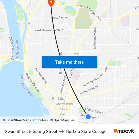 Swan Street & Spring Street to Buffalo State College map