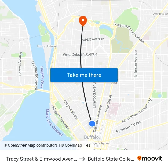 Tracy Street & Elmwood Avenue to Buffalo State College map