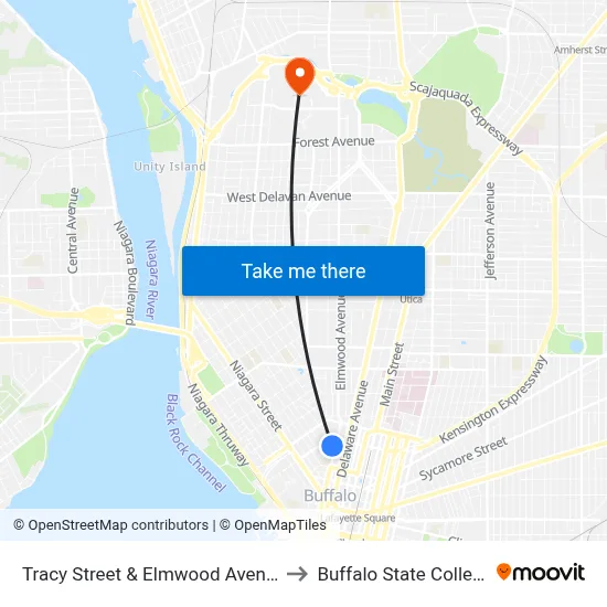 Tracy Street & Elmwood Avenue to Buffalo State College map