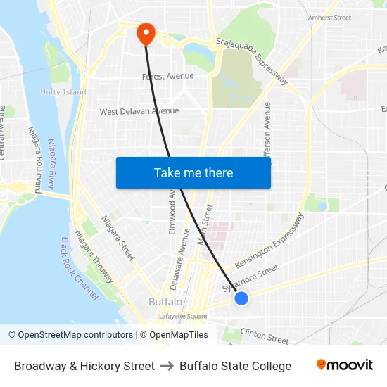 Broadway & Hickory Street to Buffalo State College map