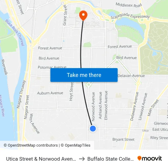 Utica Street & Norwood Avenue to Buffalo State College map