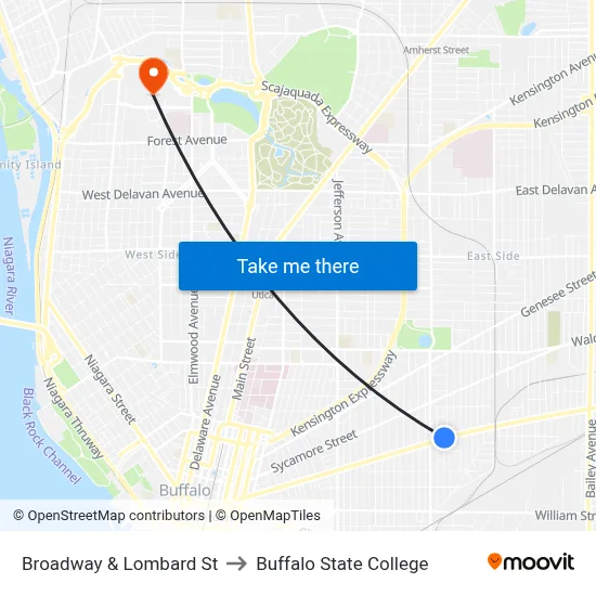 Broadway & Lombard St to Buffalo State College map