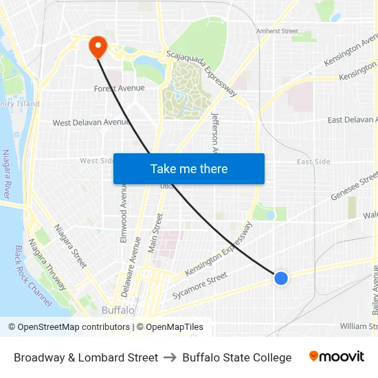 Broadway & Lombard Street to Buffalo State College map
