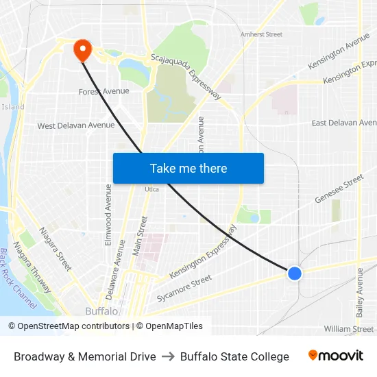 Broadway & Memorial Drive to Buffalo State College map