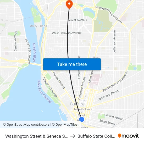 Washington Street & Seneca Street to Buffalo State College map