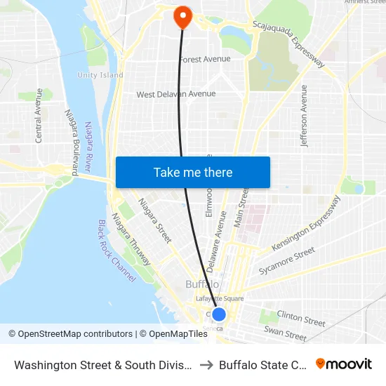 Washington Street & South Division Street to Buffalo State College map