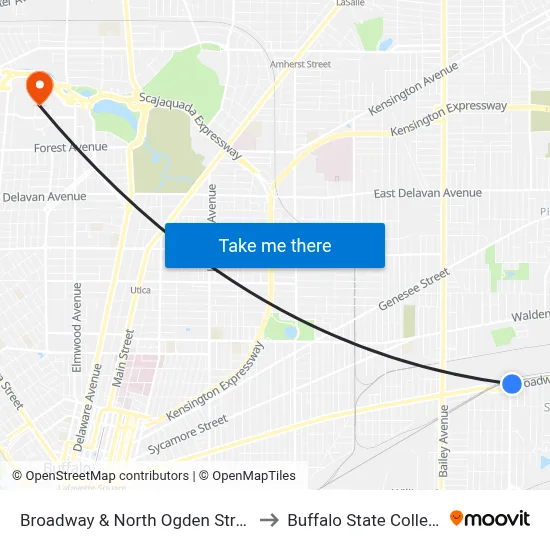 Broadway & North Ogden Street to Buffalo State College map